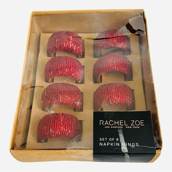 NIB Set of 8 Napkin Ring RACHEL ZOE Handmade Red Micro Beaded Napkin Rings - Picture 3 of 5
